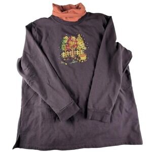 Quacker Factory‎ Fall Embroidered Autumn Trees Brown Orange Long Sleeve Size L